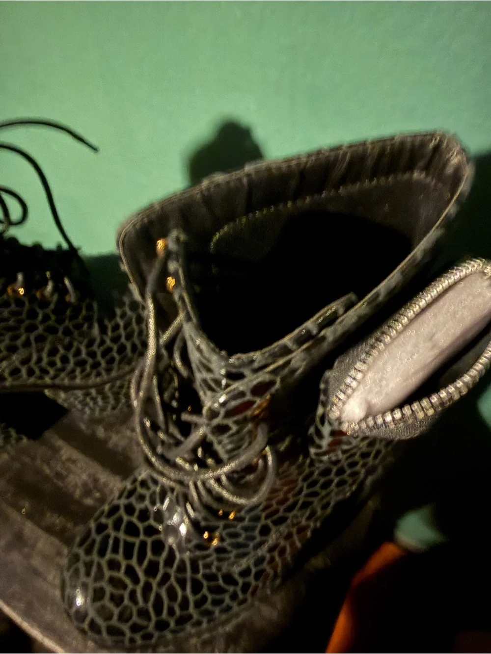 Platform Lace-Up Ankle Boots in Black Croc